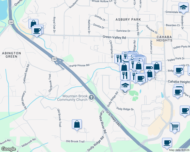map of restaurants, bars, coffee shops, grocery stores, and more near 124 West Green in Vestavia Hills