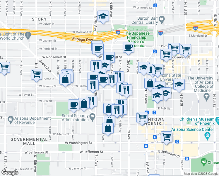 map of restaurants, bars, coffee shops, grocery stores, and more near 378 North 5th Avenue in Phoenix