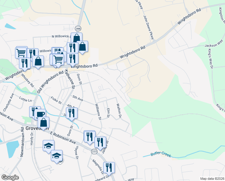 map of restaurants, bars, coffee shops, grocery stores, and more near 110 George Street in Grovetown