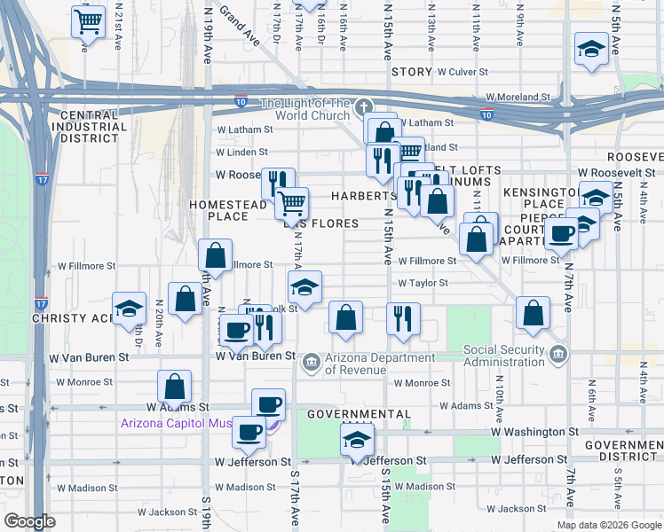 map of restaurants, bars, coffee shops, grocery stores, and more near 1611 West Fillmore Street in Phoenix