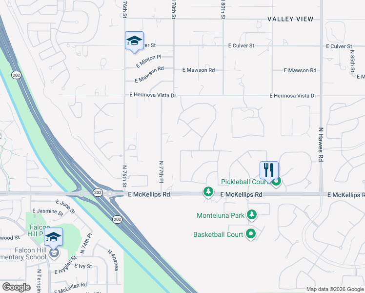 map of restaurants, bars, coffee shops, grocery stores, and more near 2126 North Calvin Circle in Mesa