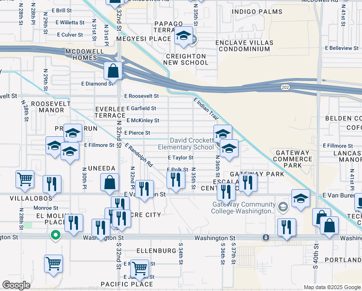map of restaurants, bars, coffee shops, grocery stores, and more near 3405 East Fillmore Street in Phoenix