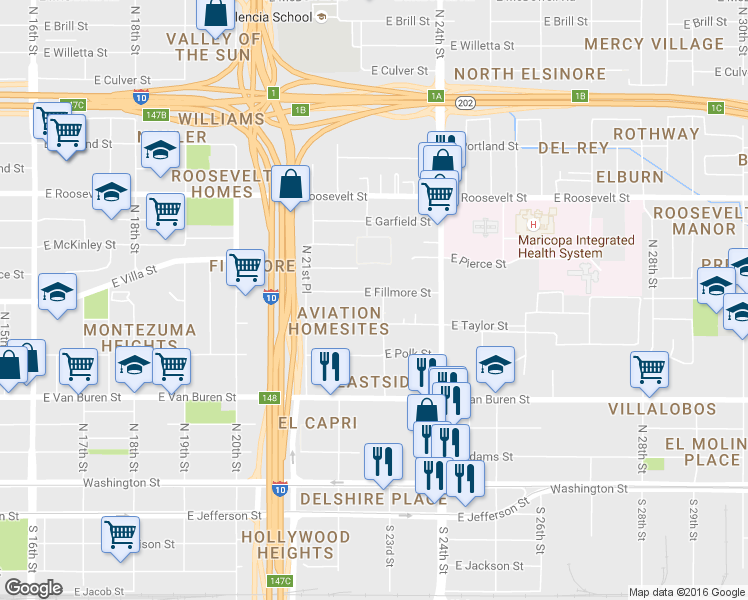 map of restaurants, bars, coffee shops, grocery stores, and more near 2228 East Taylor Street in Phoenix
