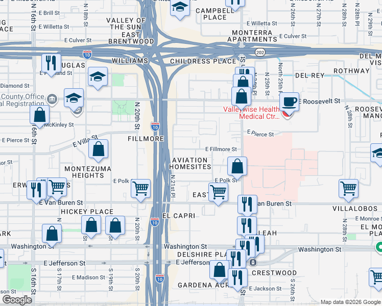 map of restaurants, bars, coffee shops, grocery stores, and more near 2146 East Taylor Street in Phoenix