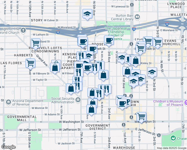 map of restaurants, bars, coffee shops, grocery stores, and more near 378 North 5th Avenue in Phoenix