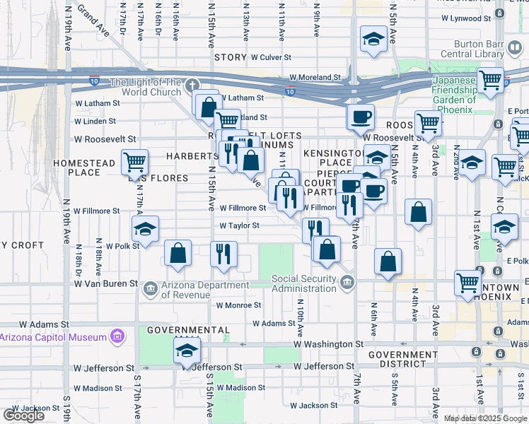 map of restaurants, bars, coffee shops, grocery stores, and more near in Phoenix