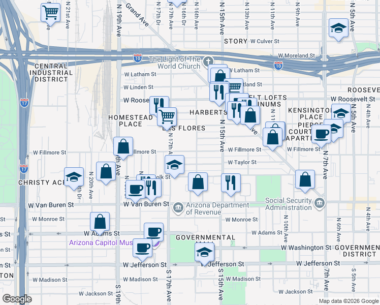 map of restaurants, bars, coffee shops, grocery stores, and more near 505 North 16th Avenue in Phoenix