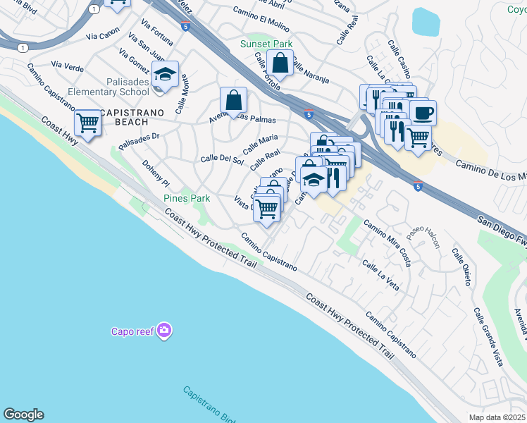 map of restaurants, bars, coffee shops, grocery stores, and more near 26835 Calle Verano in Dana Point