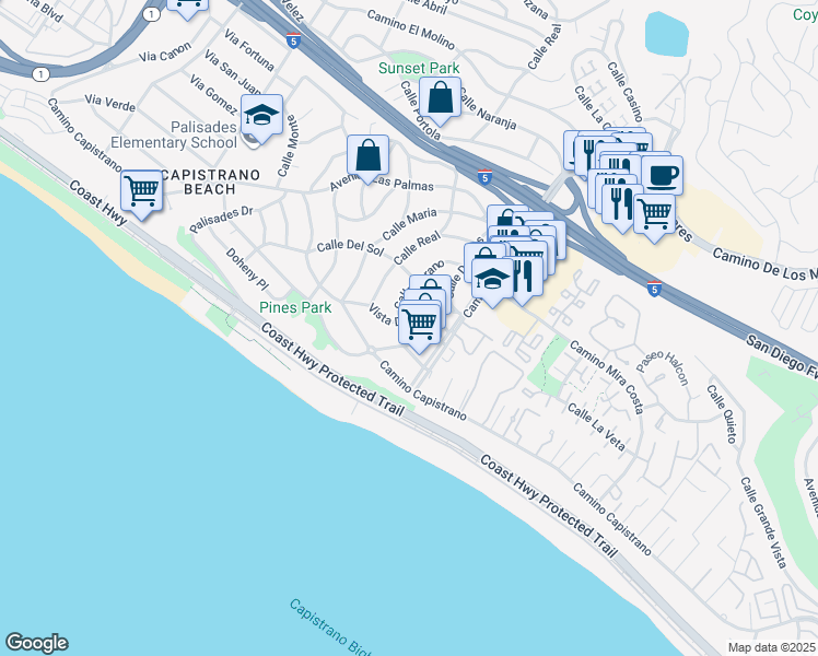 map of restaurants, bars, coffee shops, grocery stores, and more near 26835 Calle Verano in Dana Point
