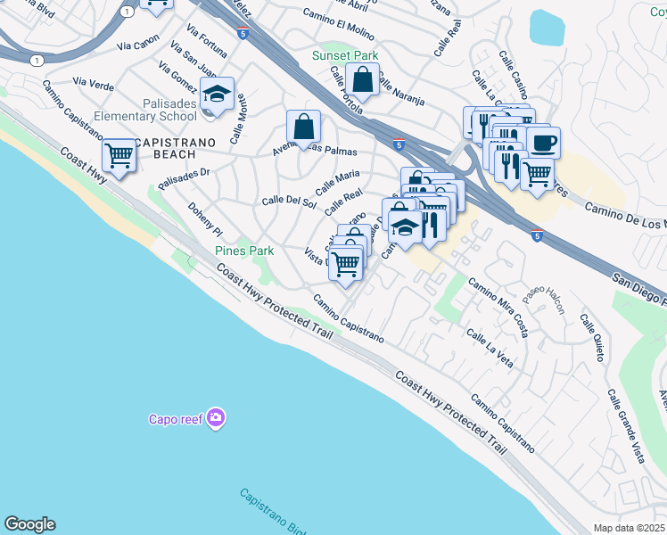 map of restaurants, bars, coffee shops, grocery stores, and more near 26835 Calle Verano in Dana Point