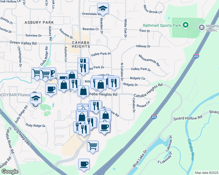 map of restaurants, bars, coffee shops, grocery stores, and more near 4136 White Oak Drive in Vestavia Hills