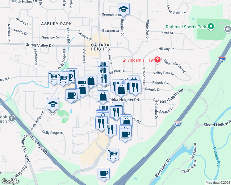 map of restaurants, bars, coffee shops, grocery stores, and more near 3242 Cahaba Heights Road in Vestavia Hills