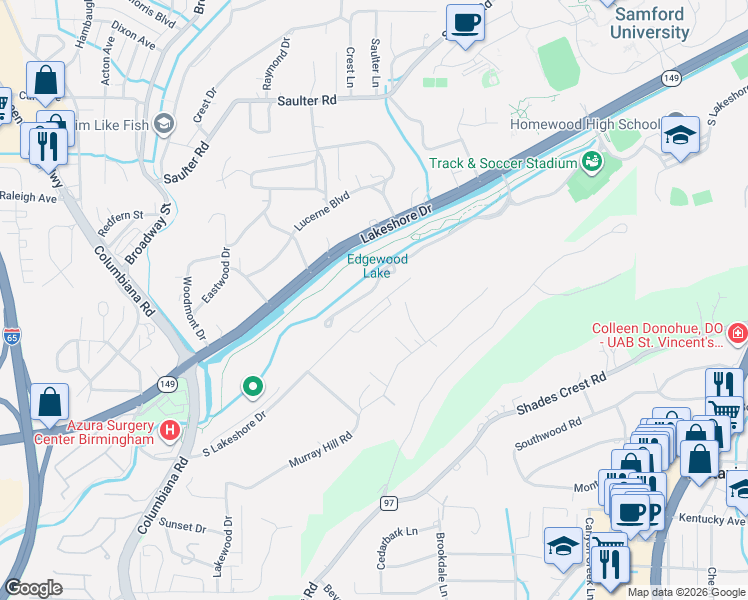 map of restaurants, bars, coffee shops, grocery stores, and more near 157 University Park Drive in Birmingham