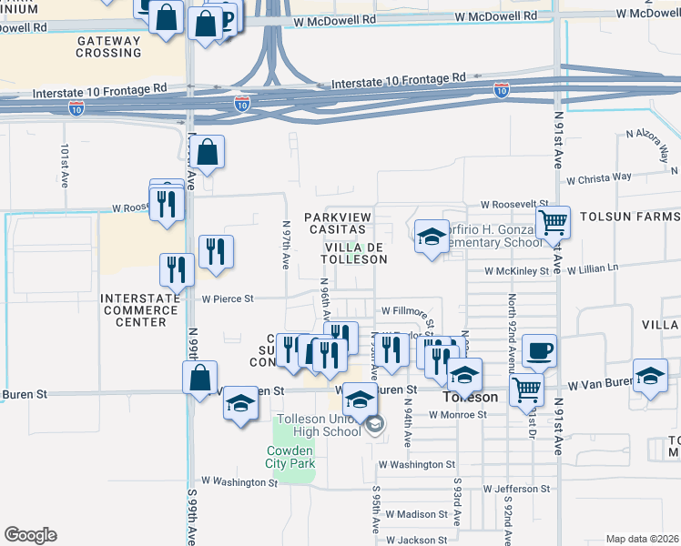 map of restaurants, bars, coffee shops, grocery stores, and more near 9518 West Pierce Street in Tolleson