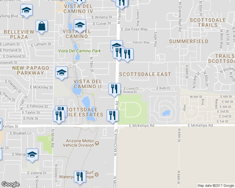 map of restaurants, bars, coffee shops, grocery stores, and more near 565-599 North Hayden Road in Scottsdale
