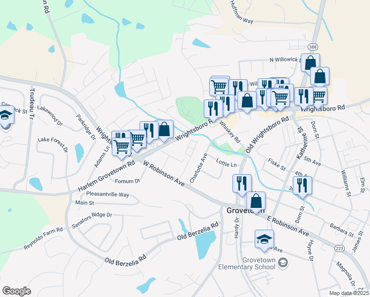 map of restaurants, bars, coffee shops, grocery stores, and more near 307 Hazelnut Drive in Grovetown