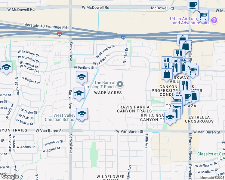 map of restaurants, bars, coffee shops, grocery stores, and more near 16036 West Wade Lane in Goodyear