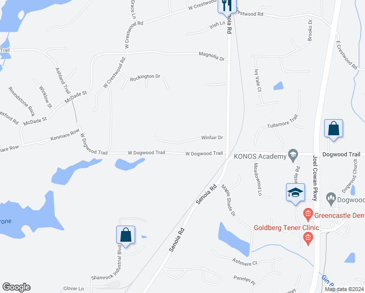 map of restaurants, bars, coffee shops, grocery stores, and more near 180 Winfair Drive in Tyrone