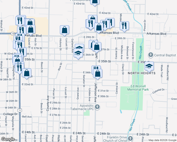 map of restaurants, bars, coffee shops, grocery stores, and more near 1108 East 34th Street in Texarkana