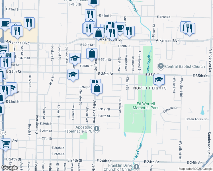 map of restaurants, bars, coffee shops, grocery stores, and more near 1310 East 35th Street in Texarkana