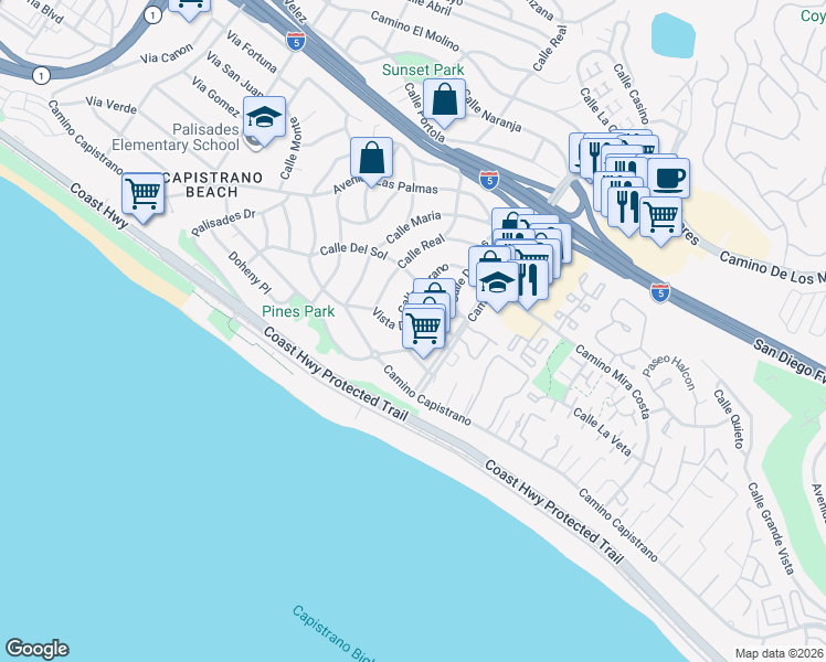 map of restaurants, bars, coffee shops, grocery stores, and more near 26862 Vista Del Mar in Dana Point