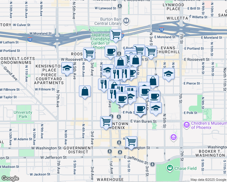 map of restaurants, bars, coffee shops, grocery stores, and more near 618 North Central Avenue in Phoenix