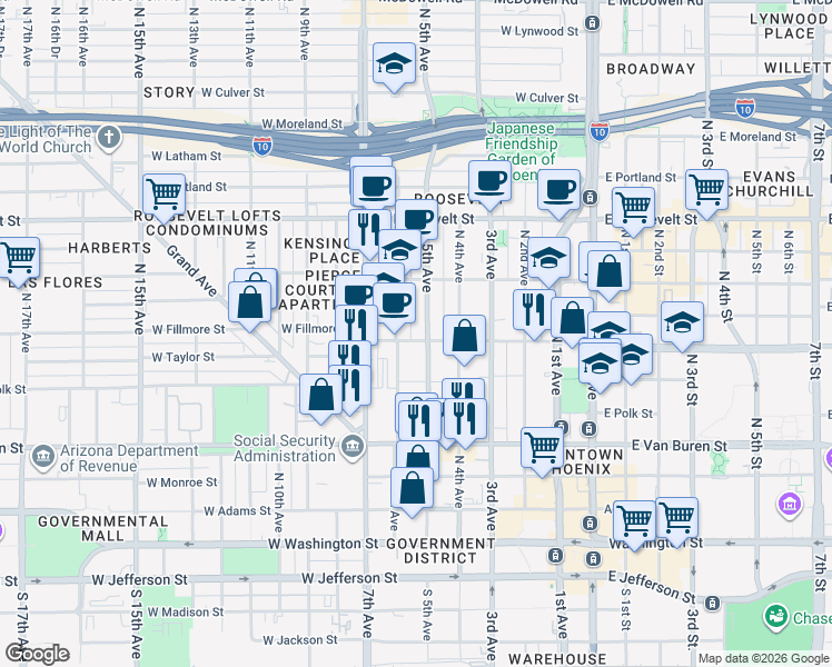 map of restaurants, bars, coffee shops, grocery stores, and more near 378 North 5th Avenue in Phoenix