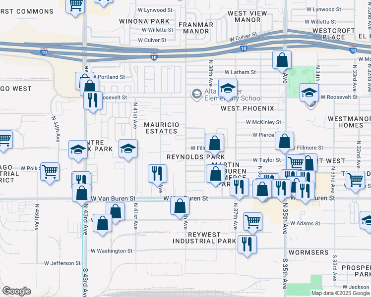 map of restaurants, bars, coffee shops, grocery stores, and more near West Fillmore Street in Phoenix