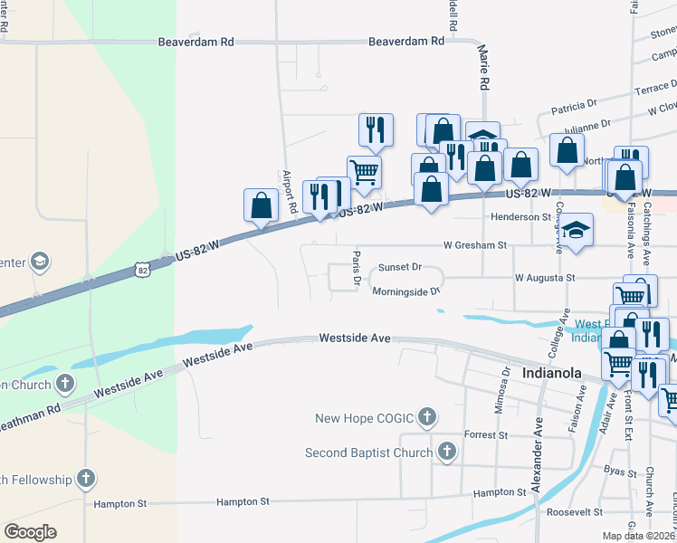map of restaurants, bars, coffee shops, grocery stores, and more near 1-3 Paris Drive in Indianola