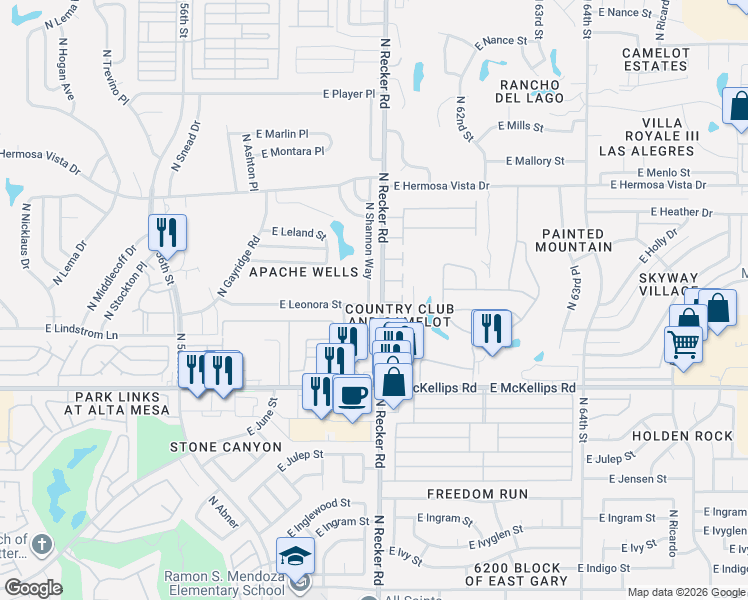 map of restaurants, bars, coffee shops, grocery stores, and more near 2115 North Belgreen Place in Mesa