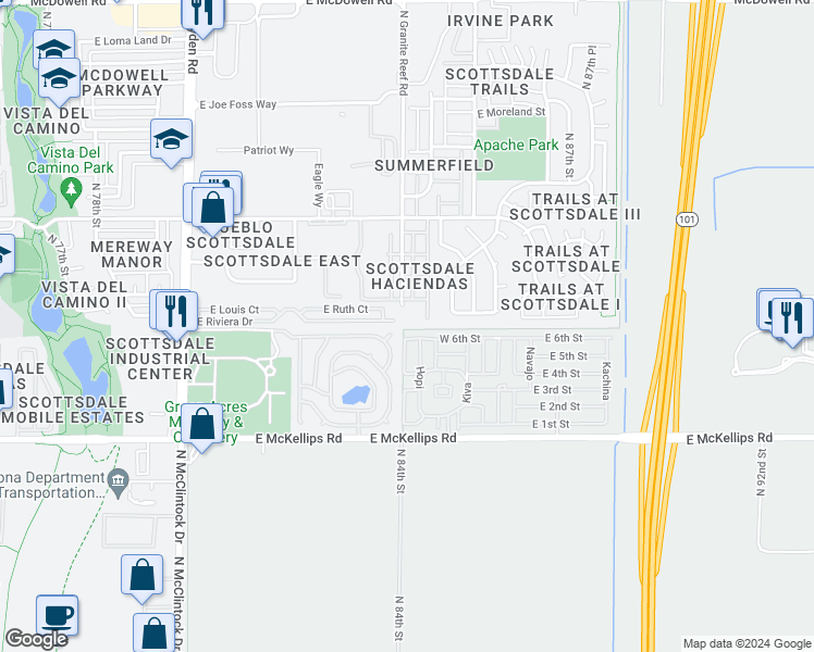map of restaurants, bars, coffee shops, grocery stores, and more near 8780 East McKellips Road in Scottsdale