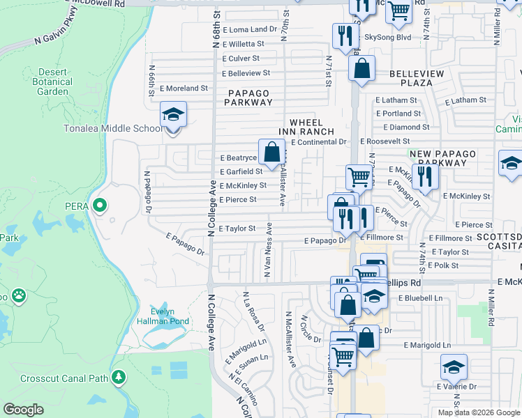 map of restaurants, bars, coffee shops, grocery stores, and more near 501 East Fillmore Street in Tempe