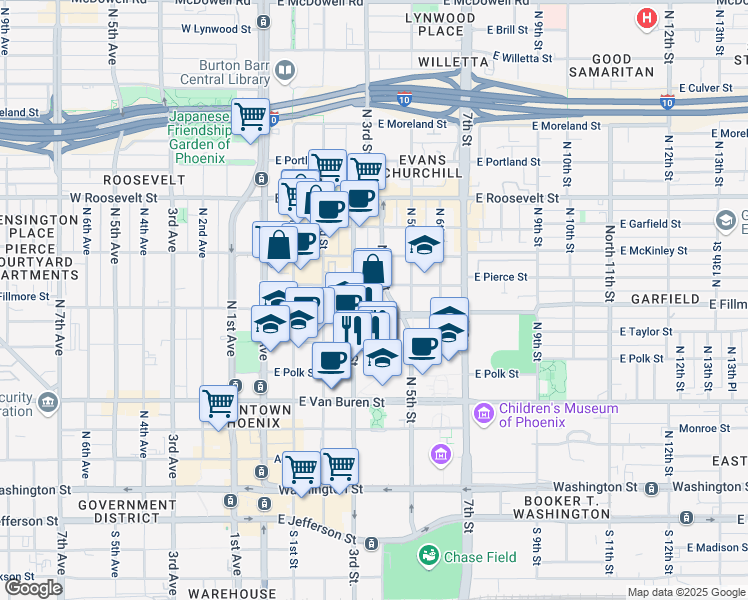 map of restaurants, bars, coffee shops, grocery stores, and more near in Phoenix