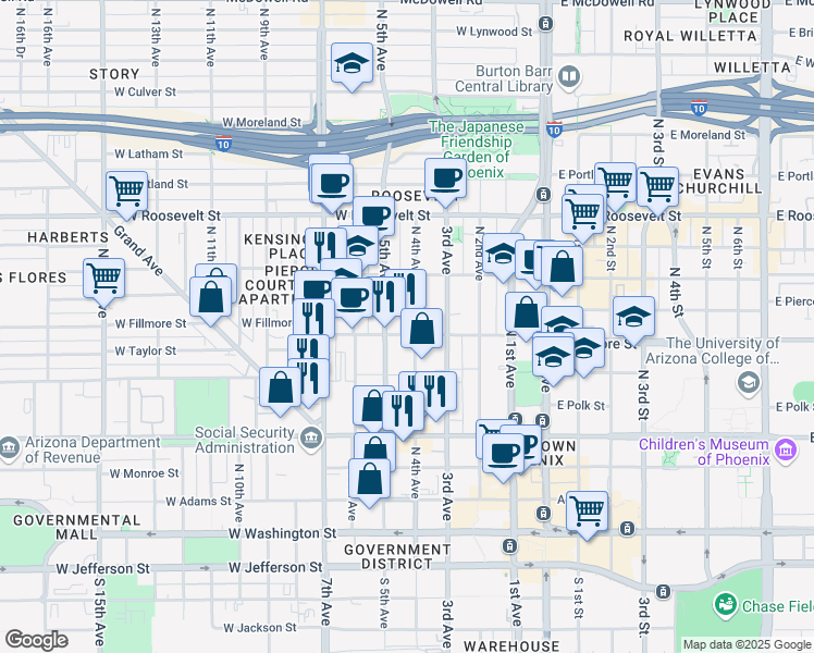 map of restaurants, bars, coffee shops, grocery stores, and more near 378 North 5th Avenue in Phoenix