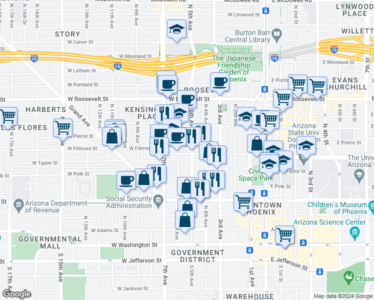 map of restaurants, bars, coffee shops, grocery stores, and more near 378 North 5th Avenue in Phoenix