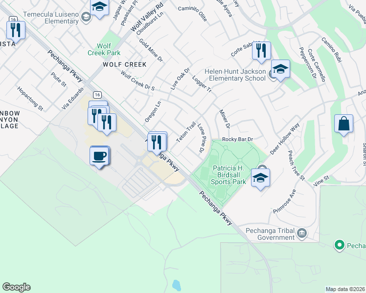 map of restaurants, bars, coffee shops, grocery stores, and more near 32084 Tall Oak Court in Temecula