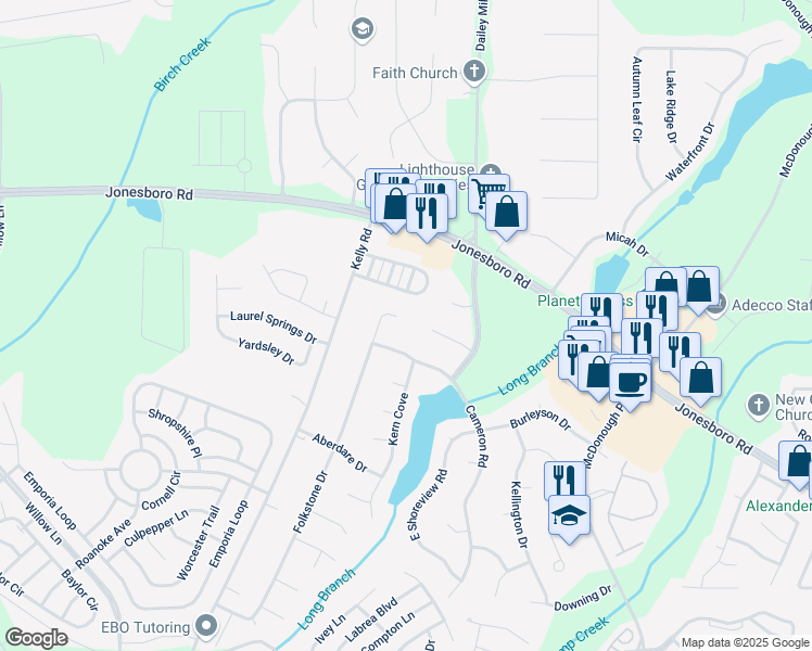 map of restaurants, bars, coffee shops, grocery stores, and more near 2010 Folkstone Drive in McDonough