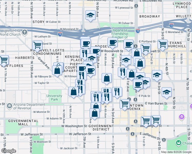 map of restaurants, bars, coffee shops, grocery stores, and more near 378 North 5th Avenue in Phoenix