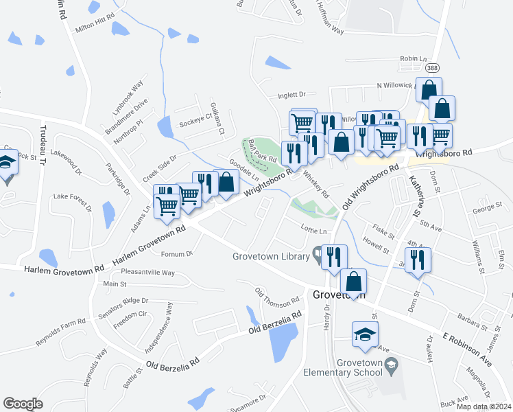map of restaurants, bars, coffee shops, grocery stores, and more near 311 Hazelnut Drive in Grovetown