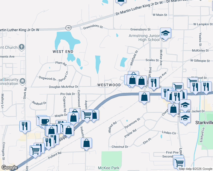 map of restaurants, bars, coffee shops, grocery stores, and more near 1925 Patton Drive in Starkville