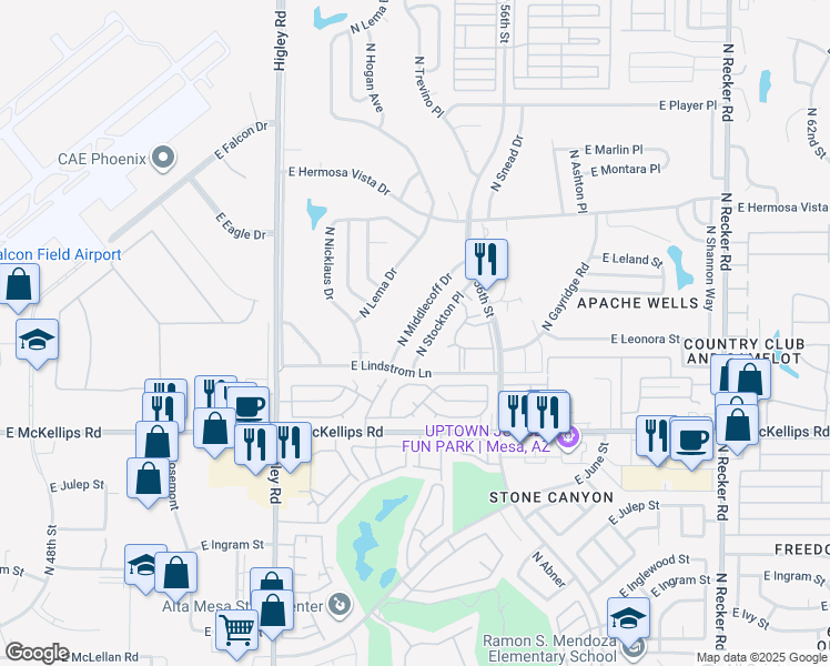 map of restaurants, bars, coffee shops, grocery stores, and more near 2161 North Middlecoff Drive in Mesa