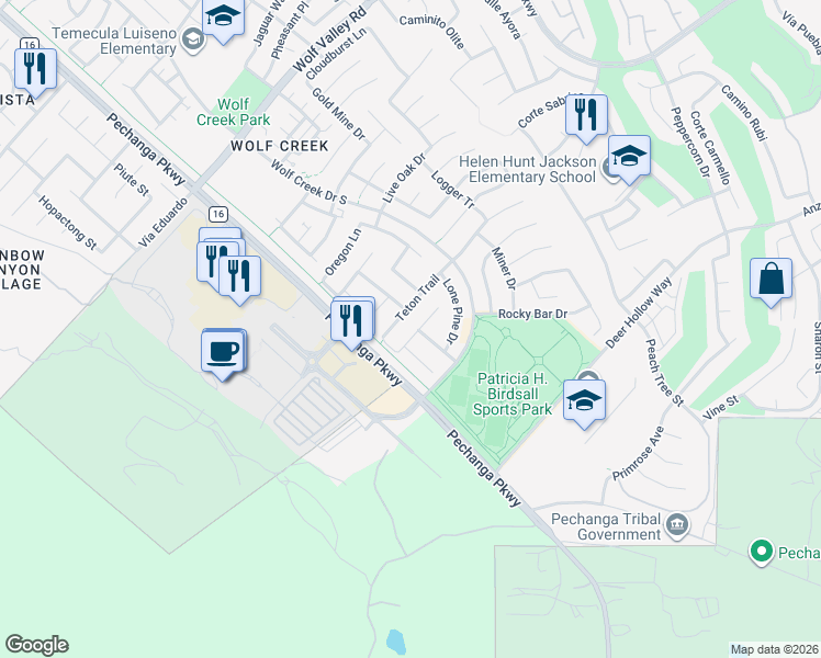 map of restaurants, bars, coffee shops, grocery stores, and more near 32084 Tall Oak Court in Temecula