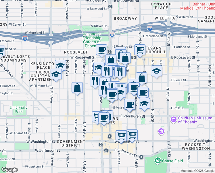 map of restaurants, bars, coffee shops, grocery stores, and more near 618 North Central Avenue in Phoenix