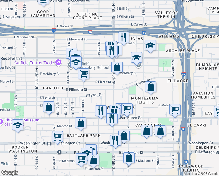 map of restaurants, bars, coffee shops, grocery stores, and more near 1509 East Fillmore Street in Phoenix