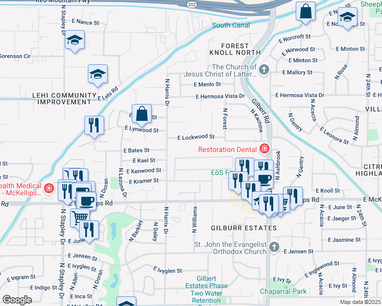 map of restaurants, bars, coffee shops, grocery stores, and more near 1725 East Kael Street in Mesa