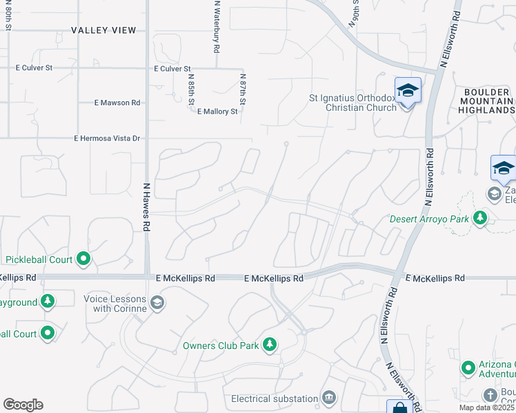 map of restaurants, bars, coffee shops, grocery stores, and more near 2160 North Steele Circle in Mesa