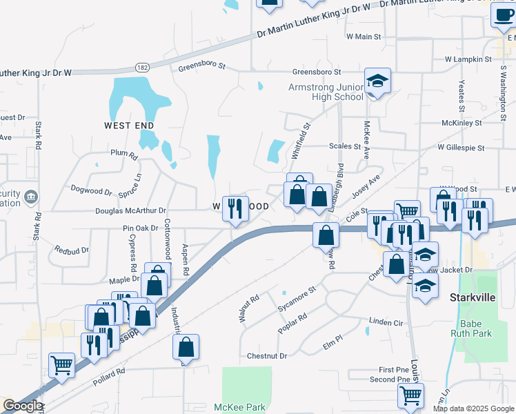 map of restaurants, bars, coffee shops, grocery stores, and more near 730 Whitfield Street in Starkville