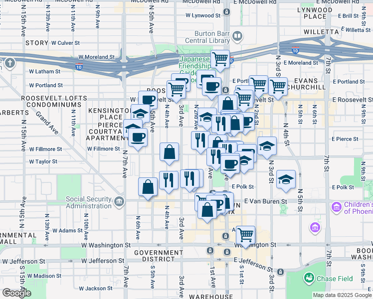 map of restaurants, bars, coffee shops, grocery stores, and more near 390 North 2nd Avenue in Phoenix