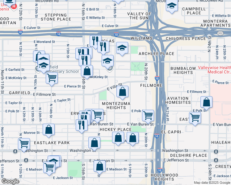 map of restaurants, bars, coffee shops, grocery stores, and more near 555 North 18th Street in Phoenix