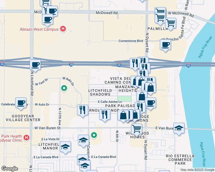 map of restaurants, bars, coffee shops, grocery stores, and more near 709 East Via Villa Street in Goodyear